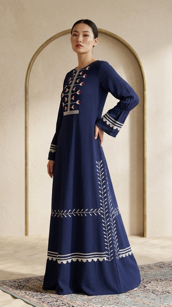 Laleh Navy Blue Embroidered Chiffon Modest Long Maxi Dress | Modest Muslim Dresses