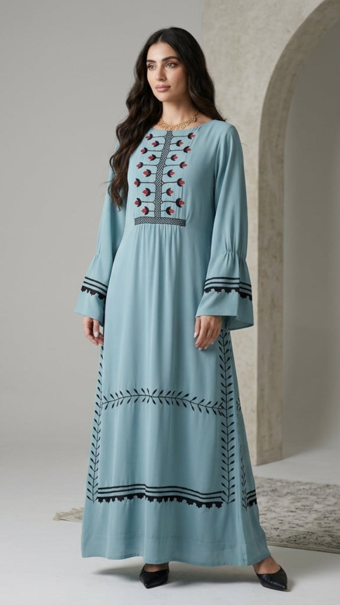 Laleh Embroidered Chiffon Modest Long Maxi Dress - Sea Green