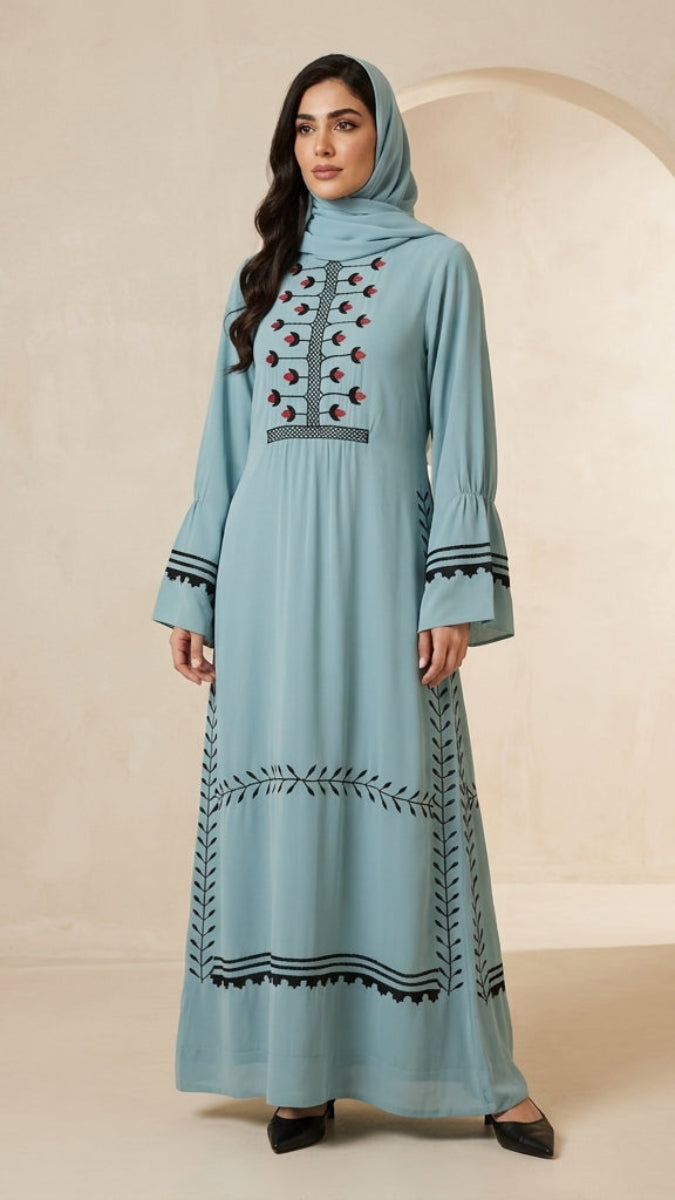 Laleh Embroidered Chiffon Modest Long Maxi Dress - Sea Green