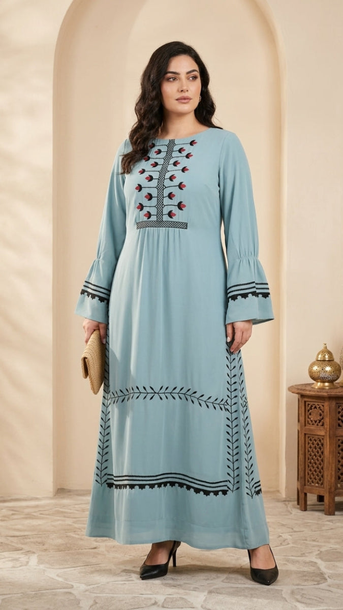 Laleh Embroidered Chiffon Modest Long Maxi Dress - Sea Green