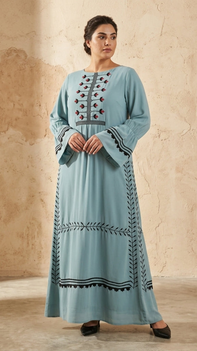 Laleh Embroidered Chiffon Modest Long Maxi Dress - Sea Green