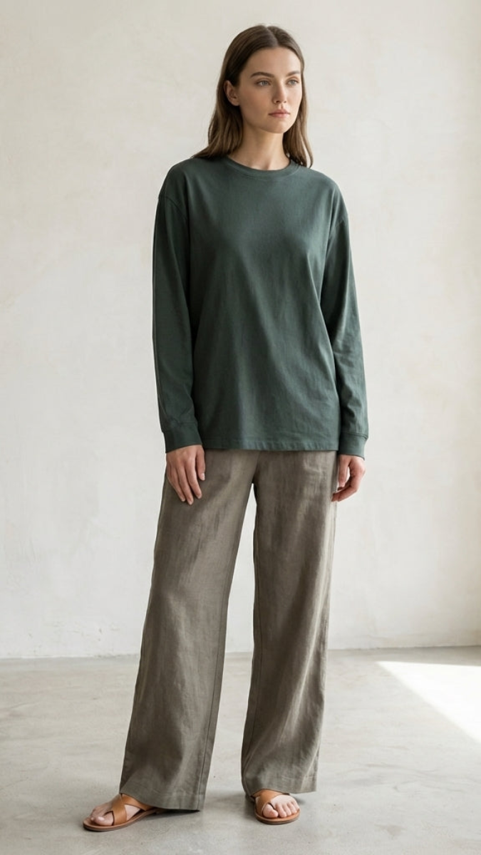 Woman wearing a green long-sleeve top and gray pants in a minimalistic setting