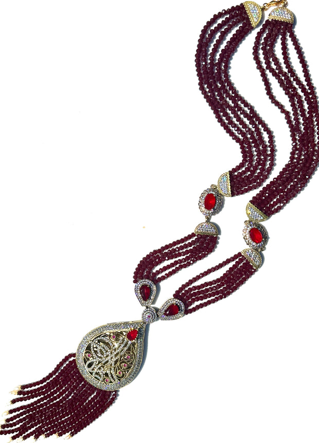 Long Turkish Tughra Tassel Necklace - Ruby Red