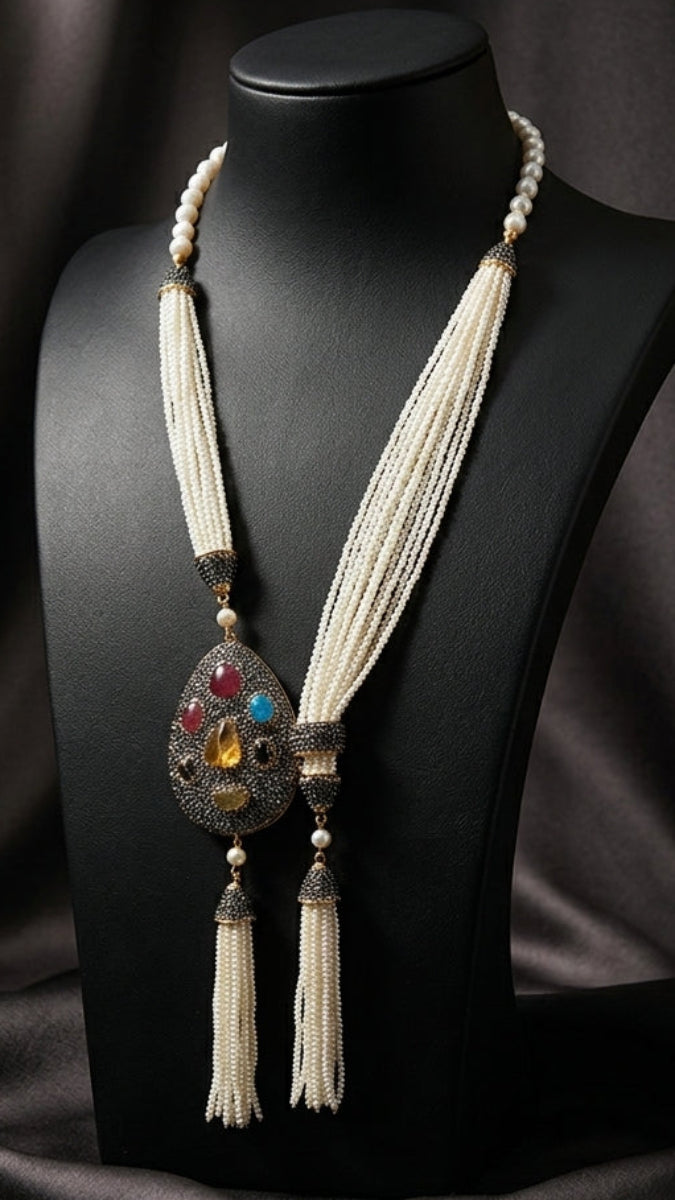 Long collier artisanal turc multibrins - Perle d'eau douce - VENTE FINALE