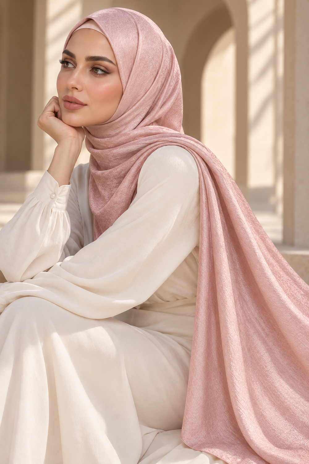 A woman wearing a soft blush pink hijab and a cream-colored long-sleeve dress, posed in a sunlit architectural setting with arches.