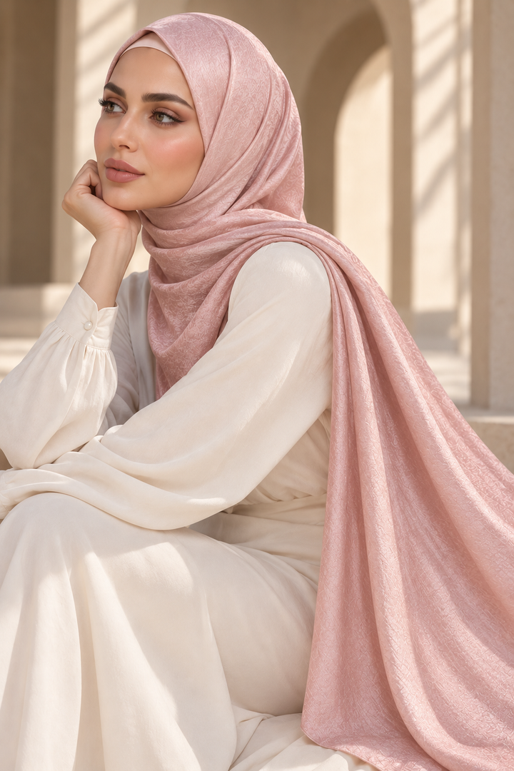 A woman wearing a soft blush pink hijab and a cream-colored long-sleeve dress, posed in a sunlit architectural setting with arches.