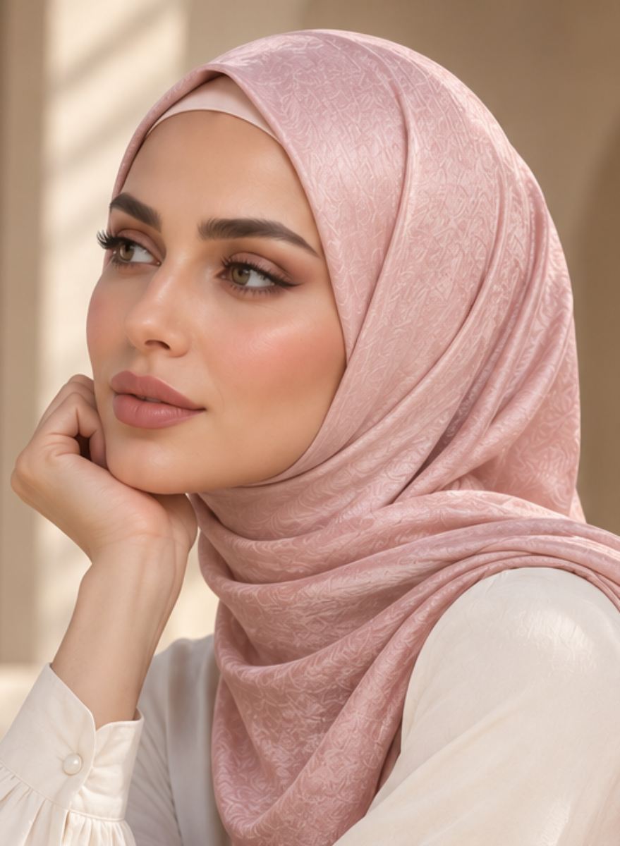 A close-up portrait of a woman wearing a soft blush pink textured hijab and a white blouse, posed against a warm beige background with soft window light.