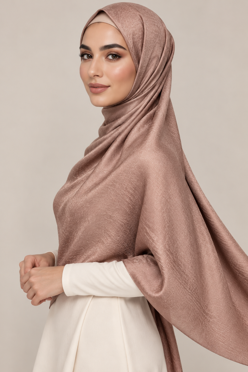 A woman wearing a draped, shimmering dusty rose hijab and a cream-colored long-sleeve dress, posed against a solid light beige background.
