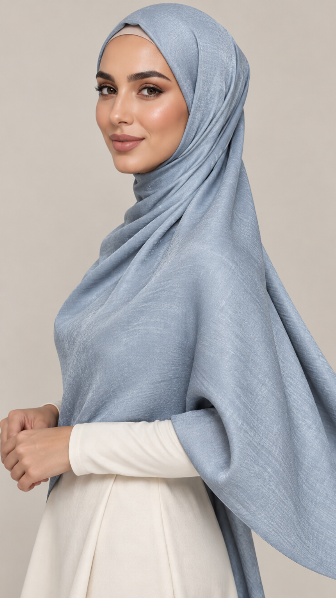 A woman wearing a light blue-gray hijab draped over her shoulders and a cream-colored dress, photographed against a solid beige studio background.