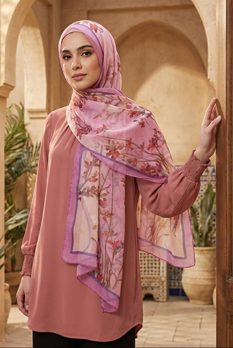 Woman wearing a pink hijab and dress in an ornate architectural setting