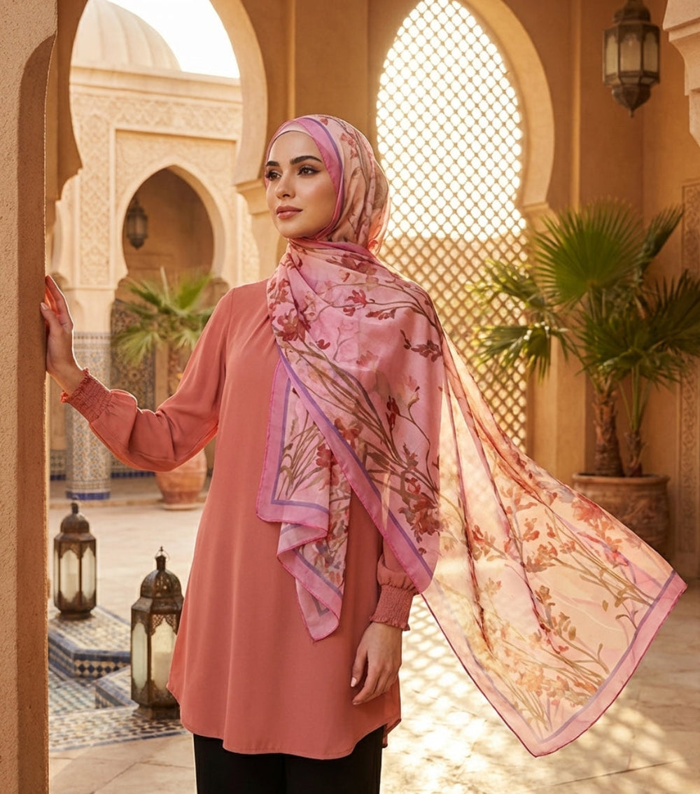 Woman wearing a pink hijab with floral patterns in an ornate architectural setting.