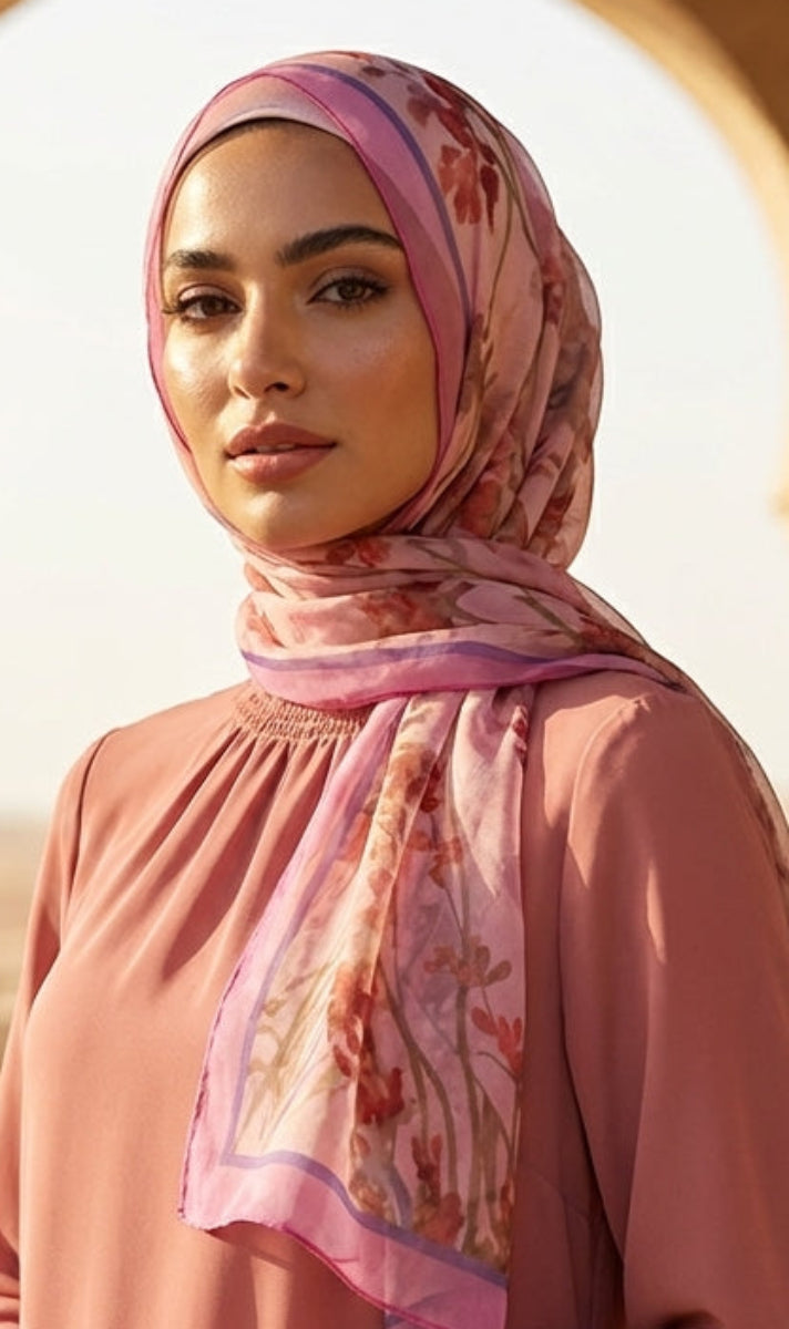 Woman wearing a pink hijab and dress standing in an arched architectural setting.