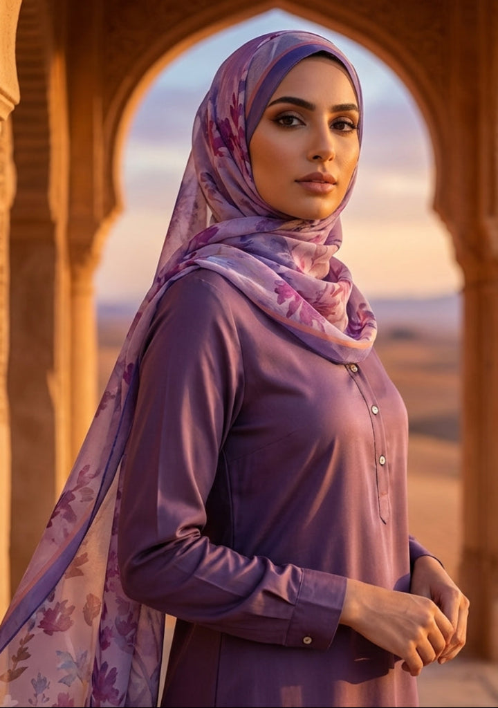 Woman in a purple outfit and headscarf standing in front of an archway with a desert landscape.