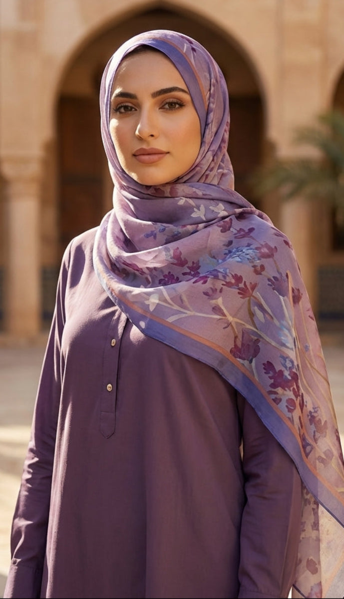 Woman wearing a purple dress and floral hijab in an architectural setting with arches and plants.