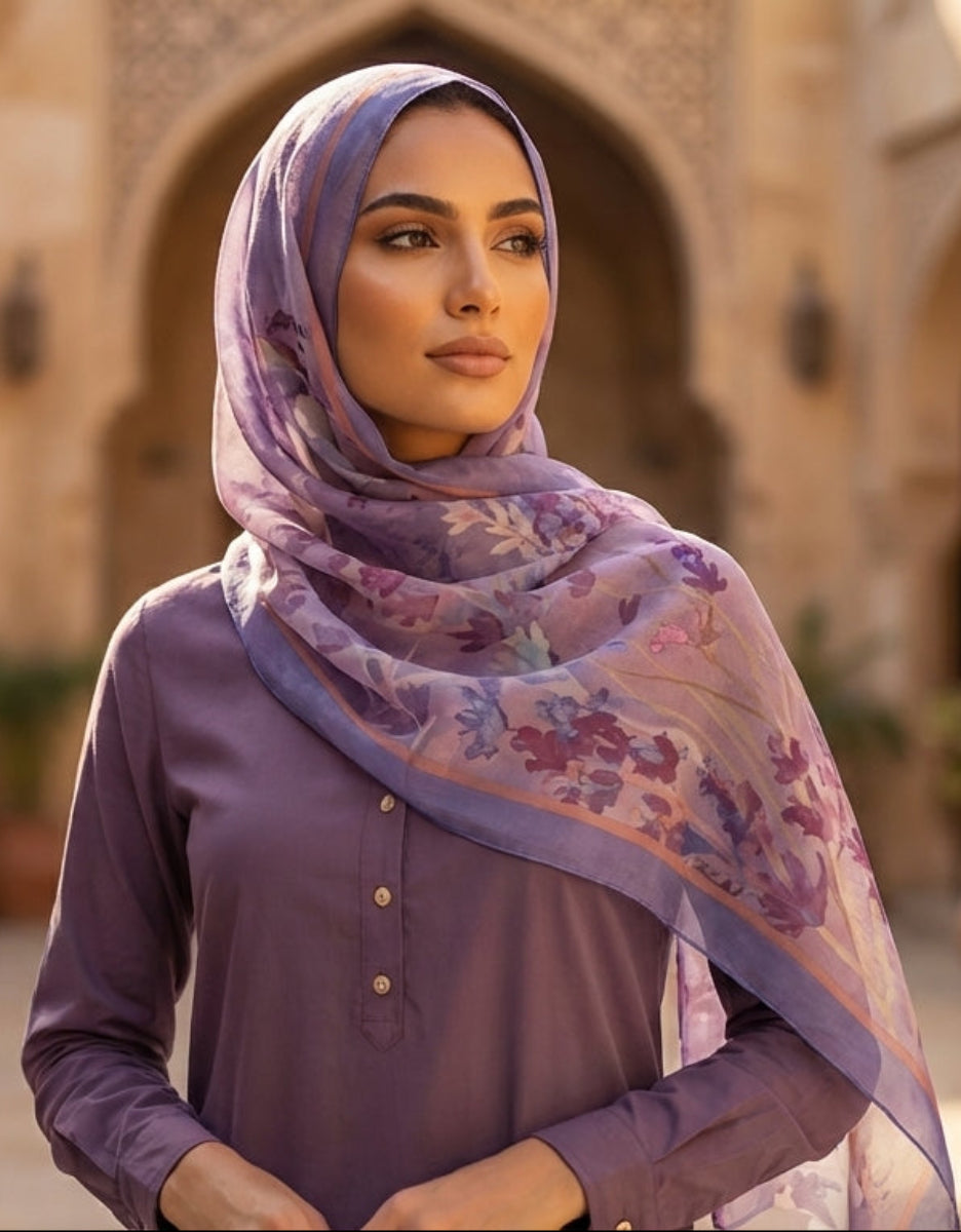 Woman wearing a purple hijab and shirt in an arched courtyard setting