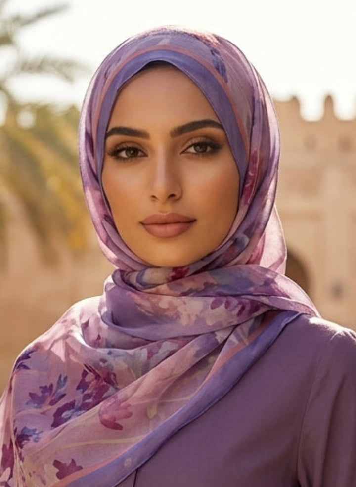 Woman wearing a purple hijab and shirt in a sunlit outdoor setting with architectural elements.