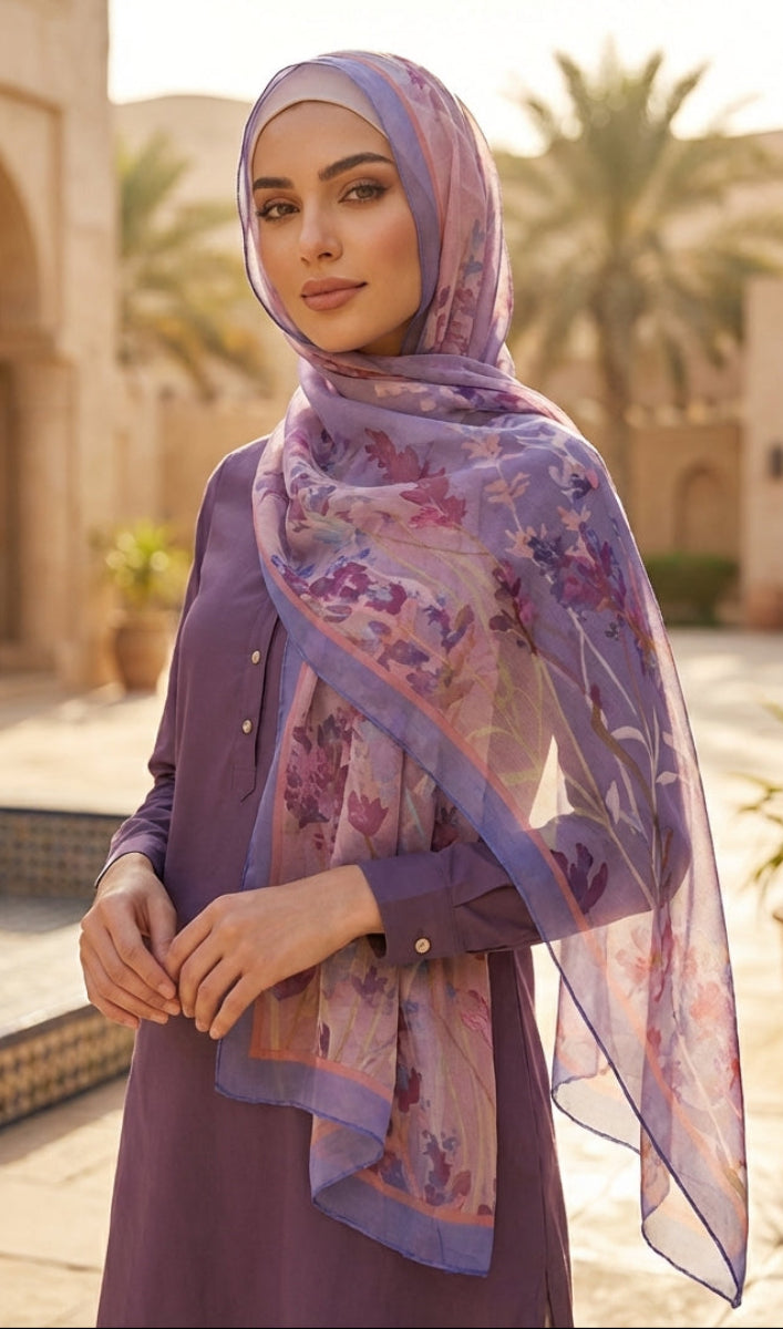 Woman wearing a floral hijab and purple dress in an outdoor setting with arches and plants.