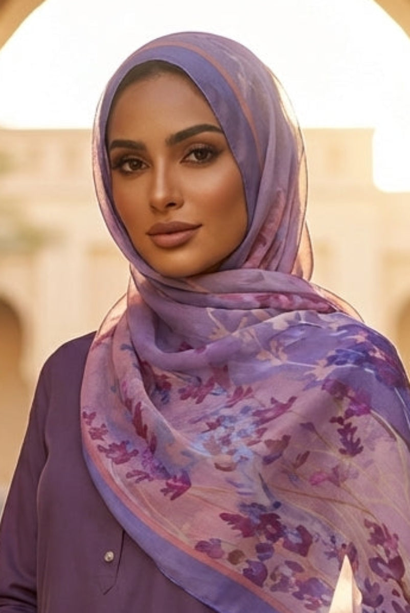 Woman wearing a purple hijab and dress in a sunlit archway with decorative tiles.