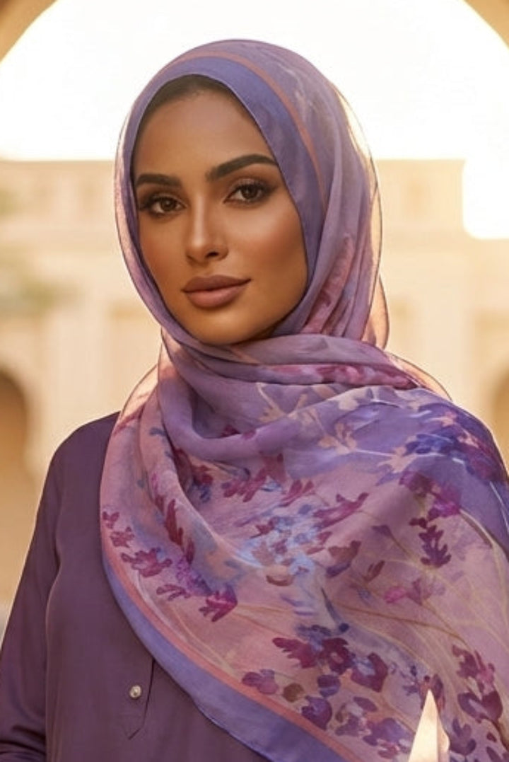 Woman wearing a purple hijab and dress in a sunlit archway with decorative tiles.