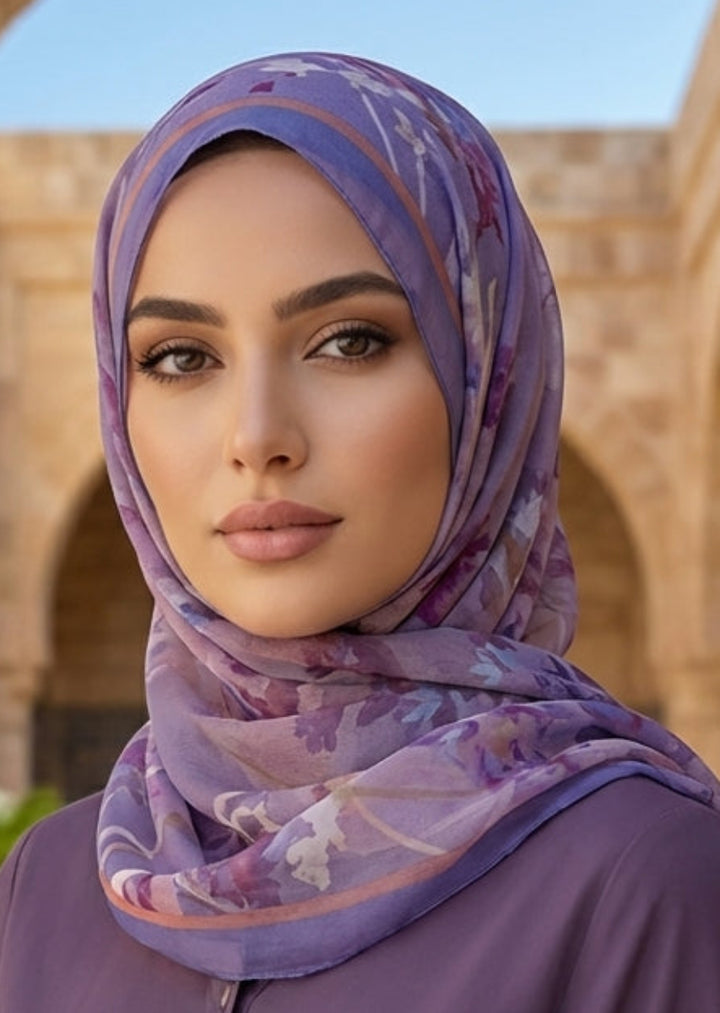 Woman wearing a purple outfit with a matching hijab in an outdoor setting with arches and plants.