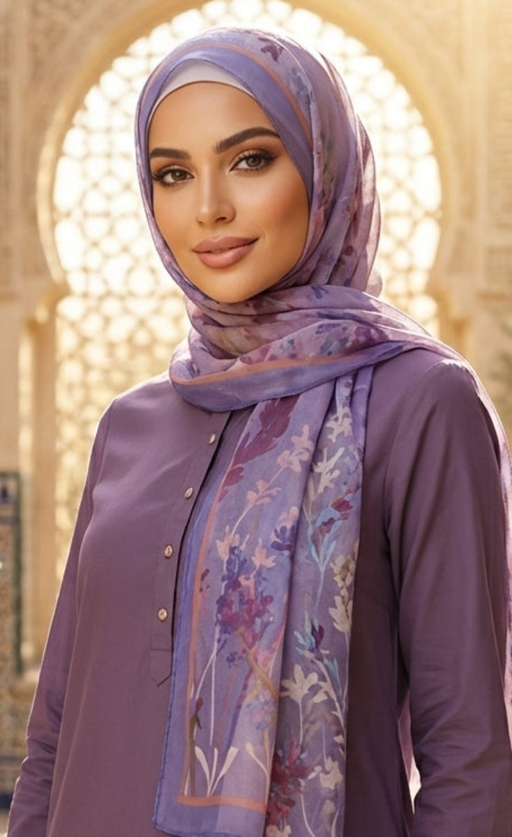 Woman wearing a purple dress and floral hijab in an ornate architectural setting