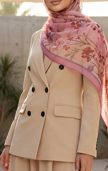 Woman in a beige suit with a pink floral hijab standing outdoors.