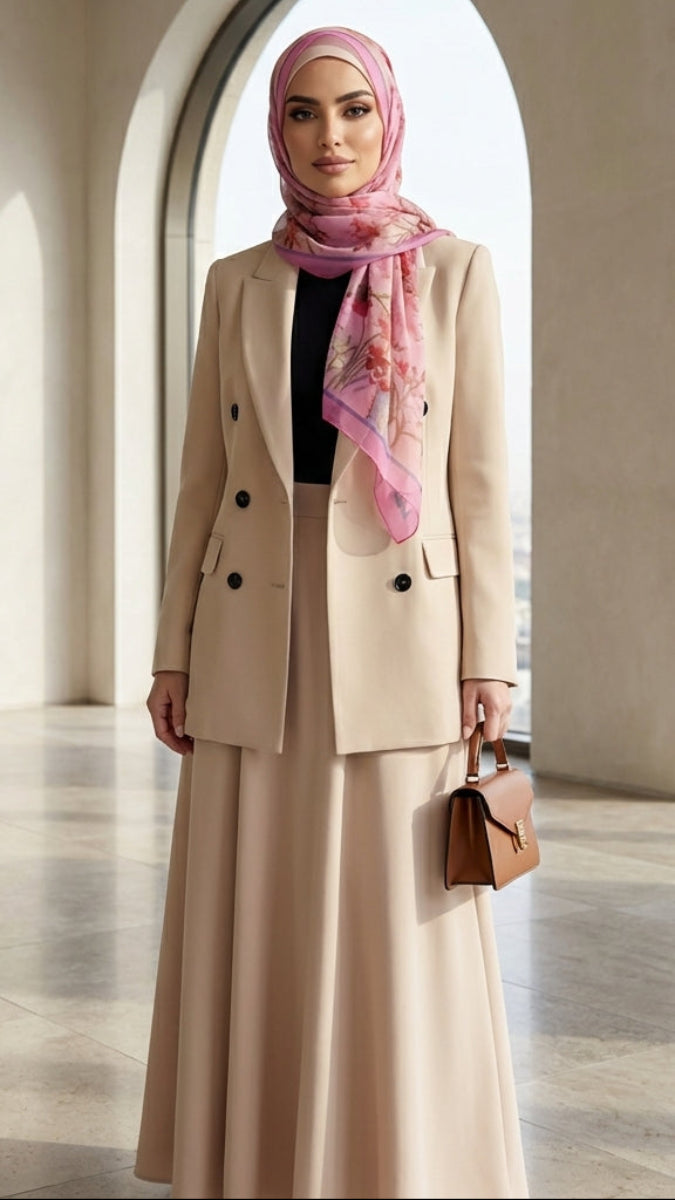 Woman in a beige suit with a pink hijab standing in a modern architectural setting.