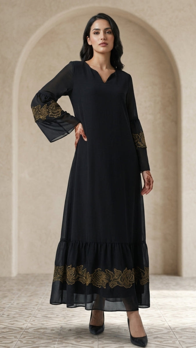 Mahin Black and Gold Embroidered Chiffon Modest Long Maxi Dress | Modest Muslim Dresses