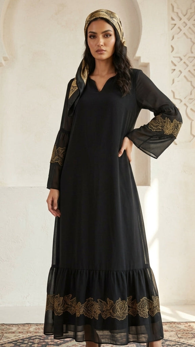 Mahin Black and Gold Embroidered Chiffon Modest Long Maxi Dress | Modest Muslim Dresses | Artizara USA 16 (XXXL)/48 in.(122 cm)Garment Chest