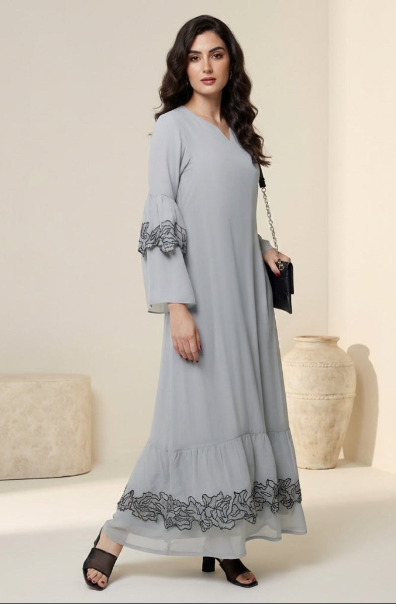 Mahin Gray and Black Embroidered Chiffon Modest Long Maxi Dress | Modest Muslim Dresses