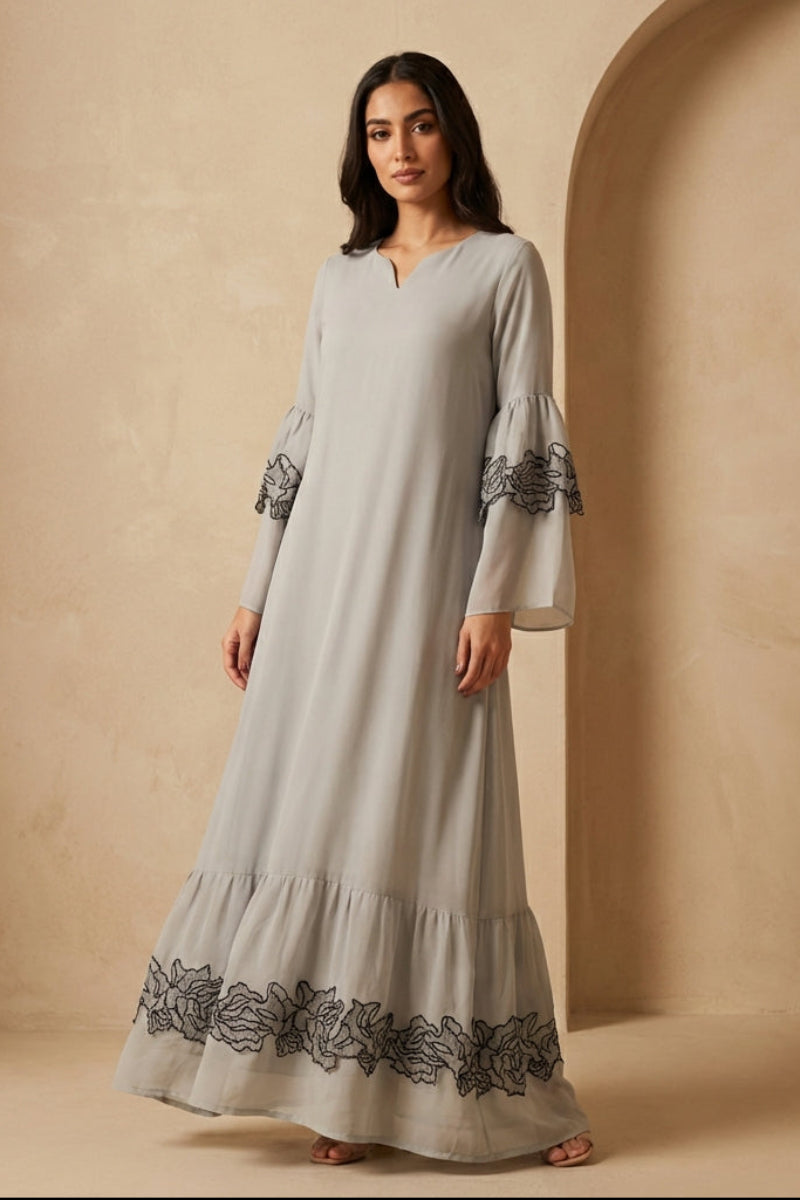 Mahin Gray and Black Embroidered Chiffon Modest Long Maxi Dress | Modest  Muslim Dresses