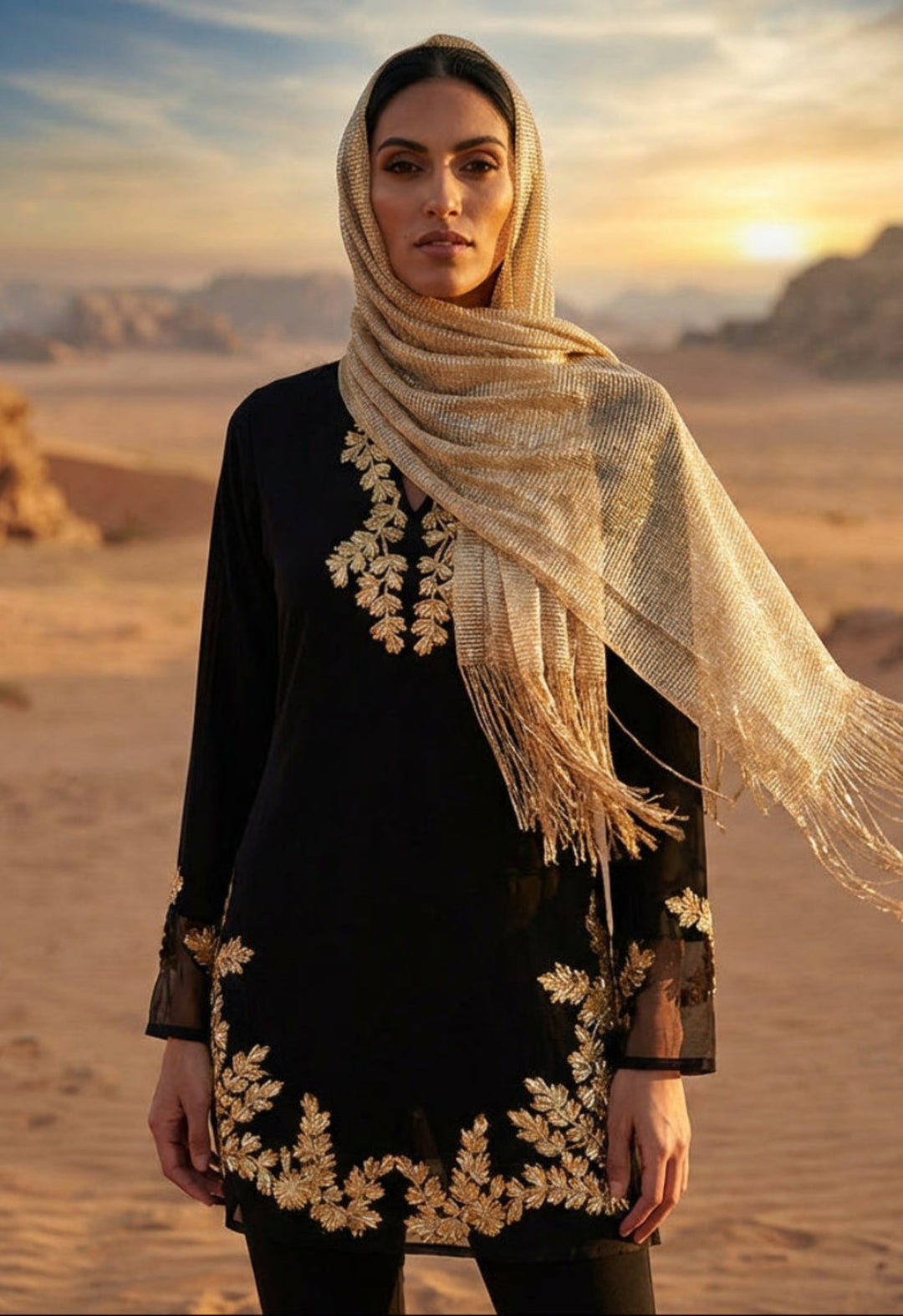 Woman wearing a black dress with gold embroidery and a beige scarf in a desert landscape.