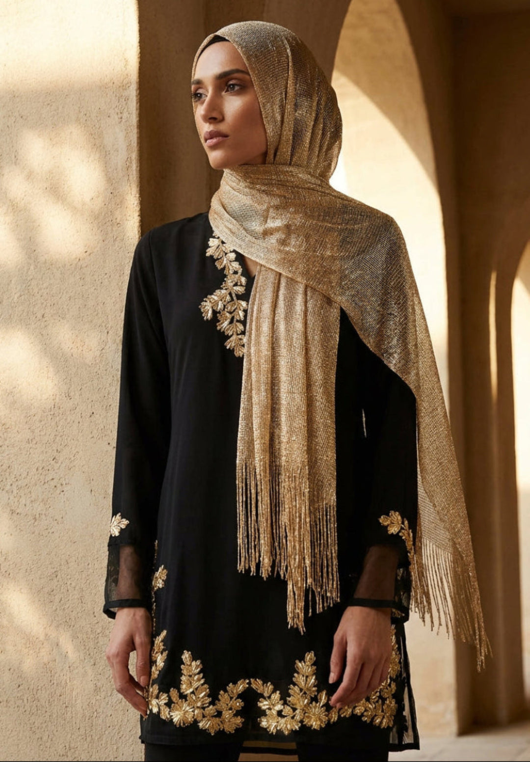 Woman wearing a black outfit with gold embroidery and a matching scarf in an architectural setting.