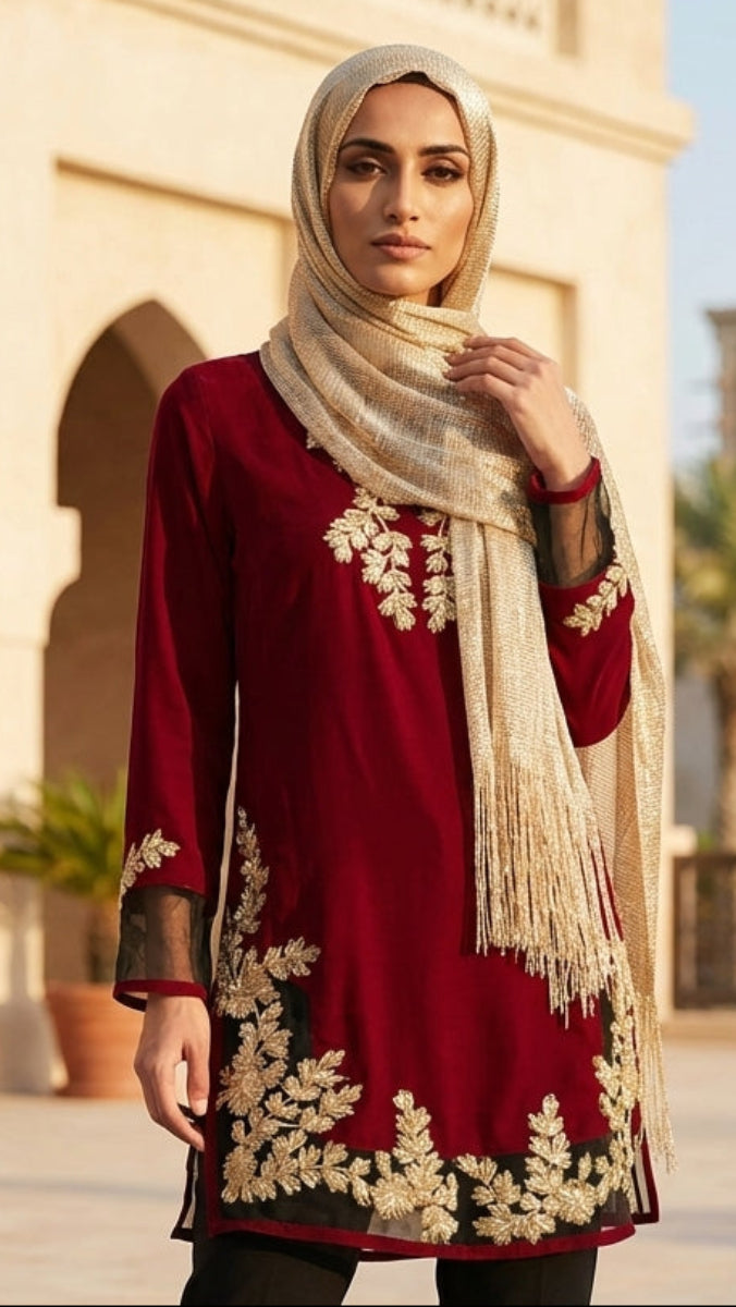 Woman wearing a red outfit with gold embroidery and a beige hijab in an outdoor setting.