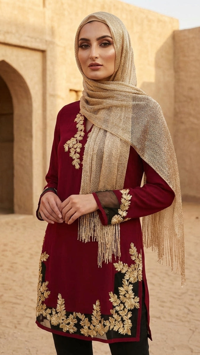 Woman wearing a red embroidered dress with a beige hijab in an arched stone building setting