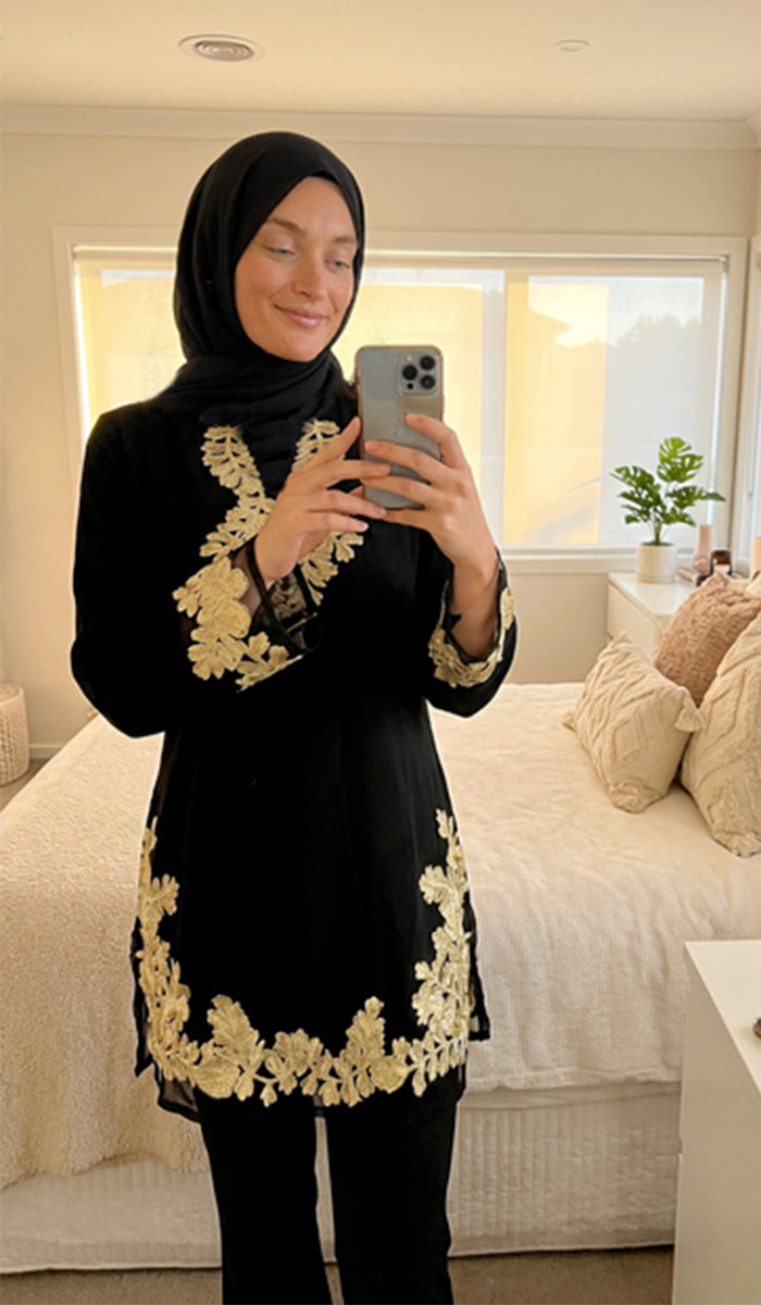 Mahnaz Gold Embellished Long Modest Tunic - Black