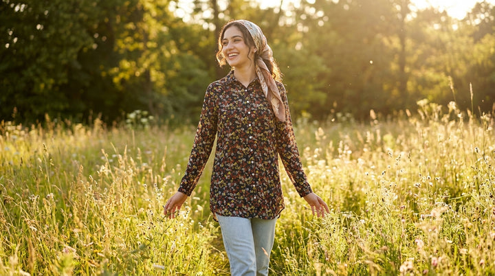 Woman walking through a field of tall grass and wildflowers with trees in the background.