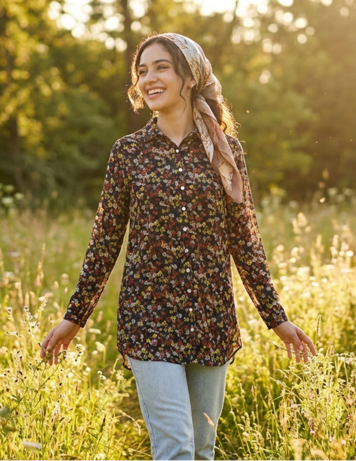 Marwa Chiffon Print Long Button down Shirt - Floral Noir