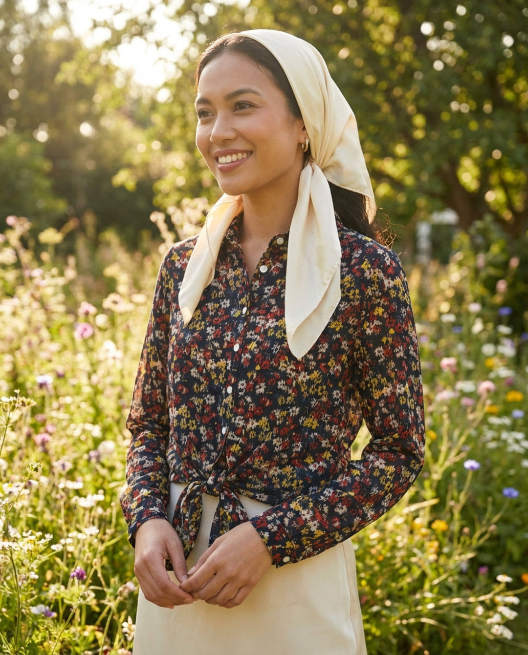 Woman wearing a floral blouse and headscarf in a field of flowers