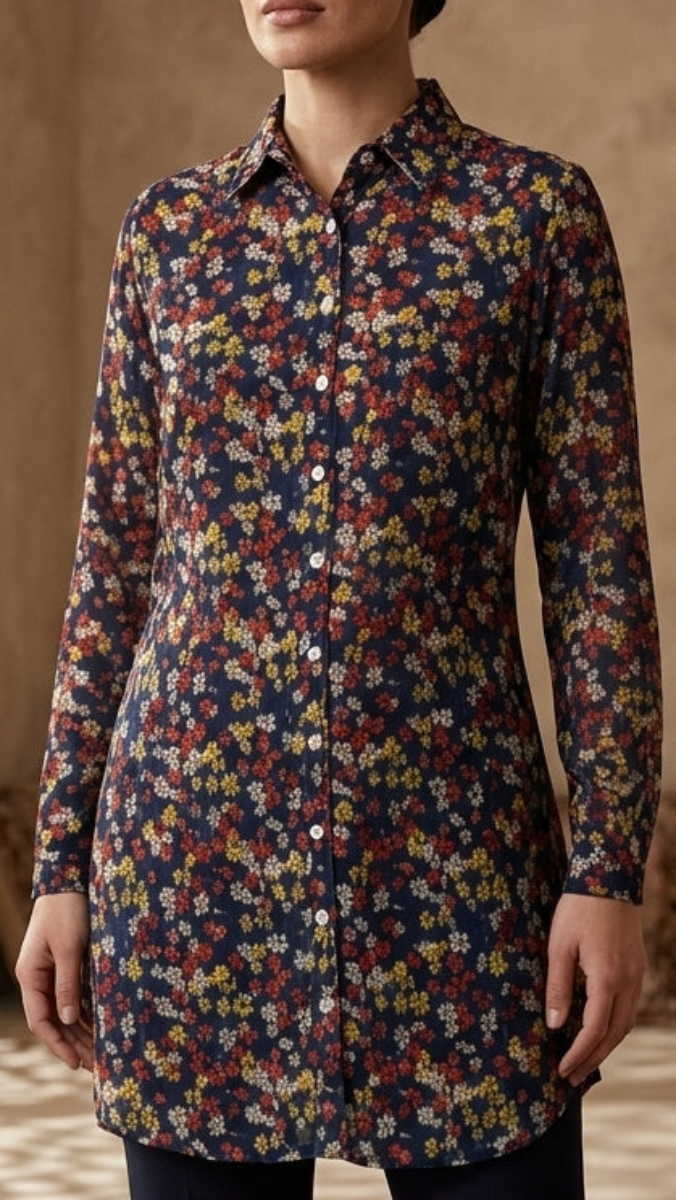 A woman stands indoors wearing a long-sleeve button-front tunic top with an all-over dense floral print in navy, red, yellow, and cream tones, paired with dark pants. The setting has warm beige walls, decorative lanterns, and shadow patterns cast across the floor from a screen.