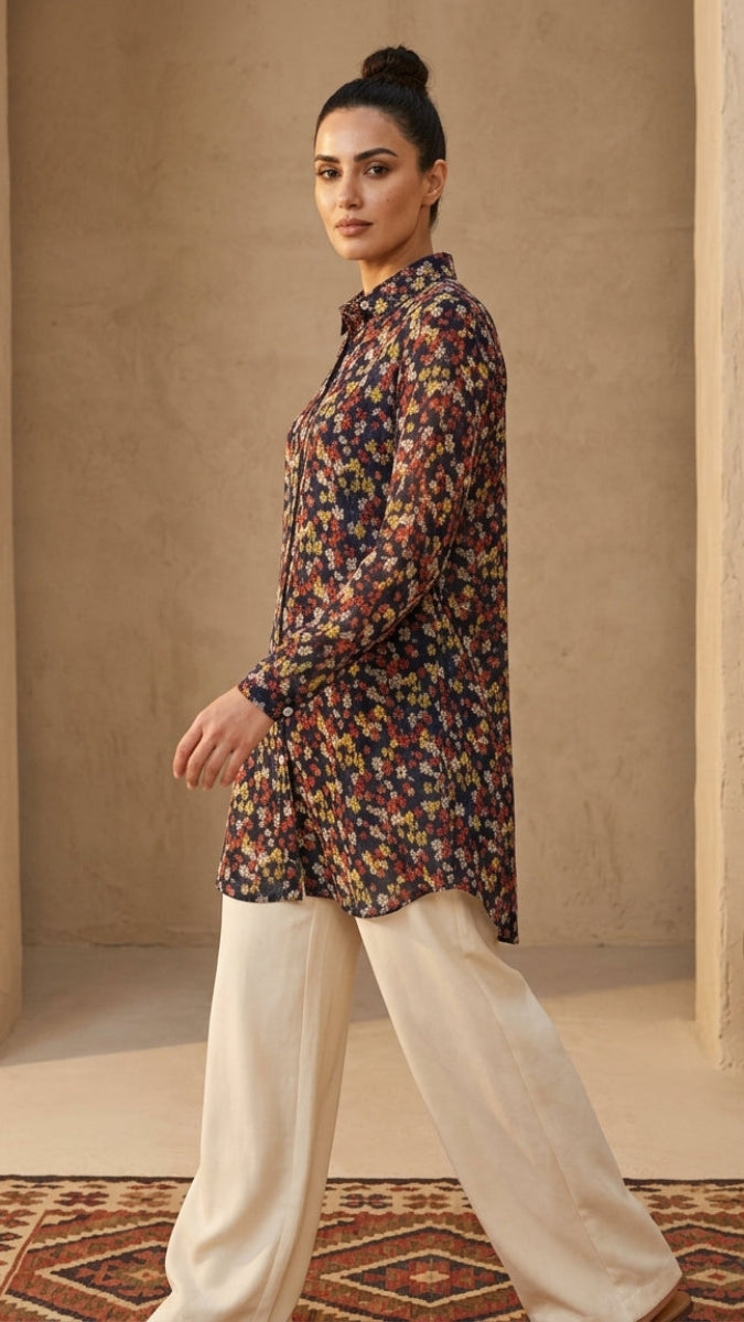 A woman models a long-sleeve button-up tunic top with a dense multicolor floral print, paired with cream wide-leg trousers, in a warm, neutral-toned architectural setting.