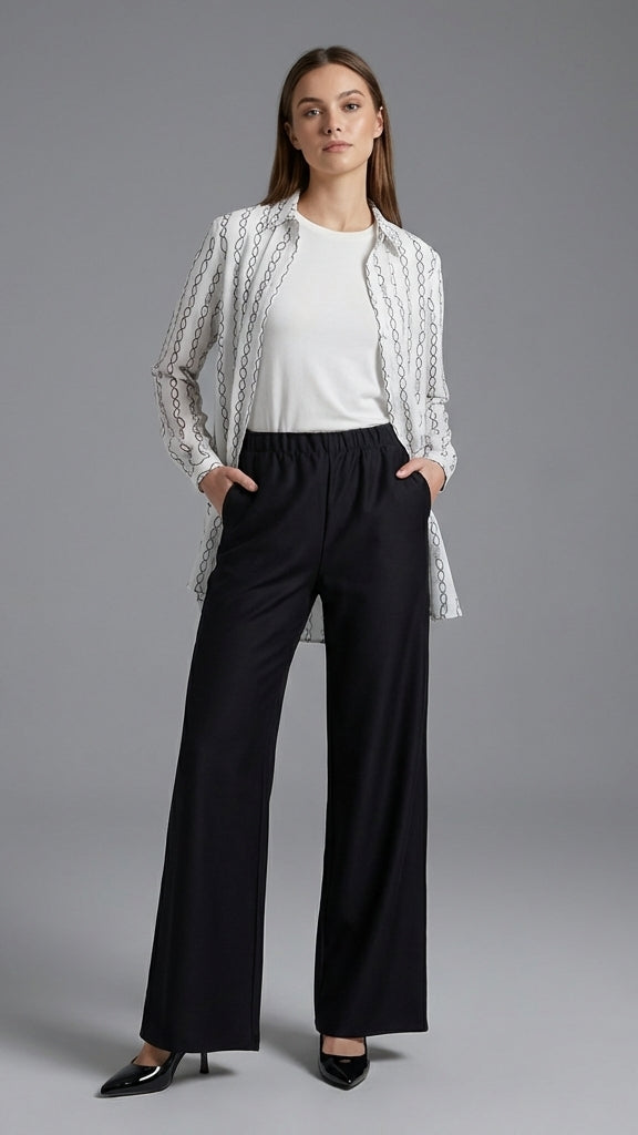 Woman wearing a white patterned cardigan, white shirt, black pants, and black shoes on a gray background