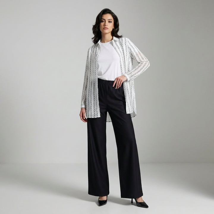 Marwa Chiffon Print Long Button down Shirt - Cream/Black Stripe