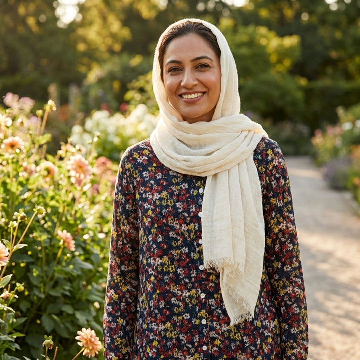 Woman wearing a floral dress and beige scarf standing in a garden
