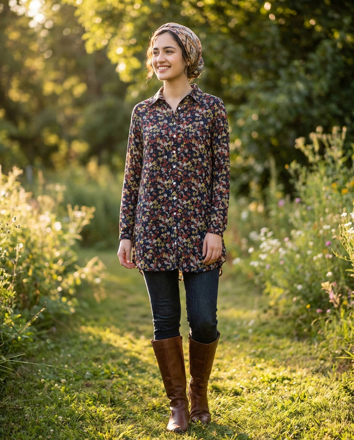 Woman standing in a field of wildflowers wearing a patterned shirt and brown boots.