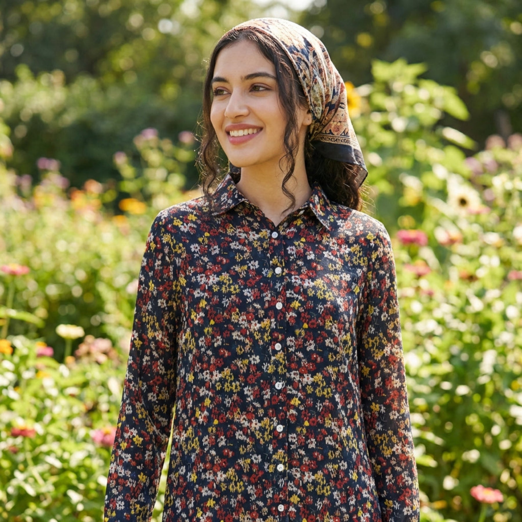 Marwa Black and Brown Chiffon Floral Print Long Button down Shirt