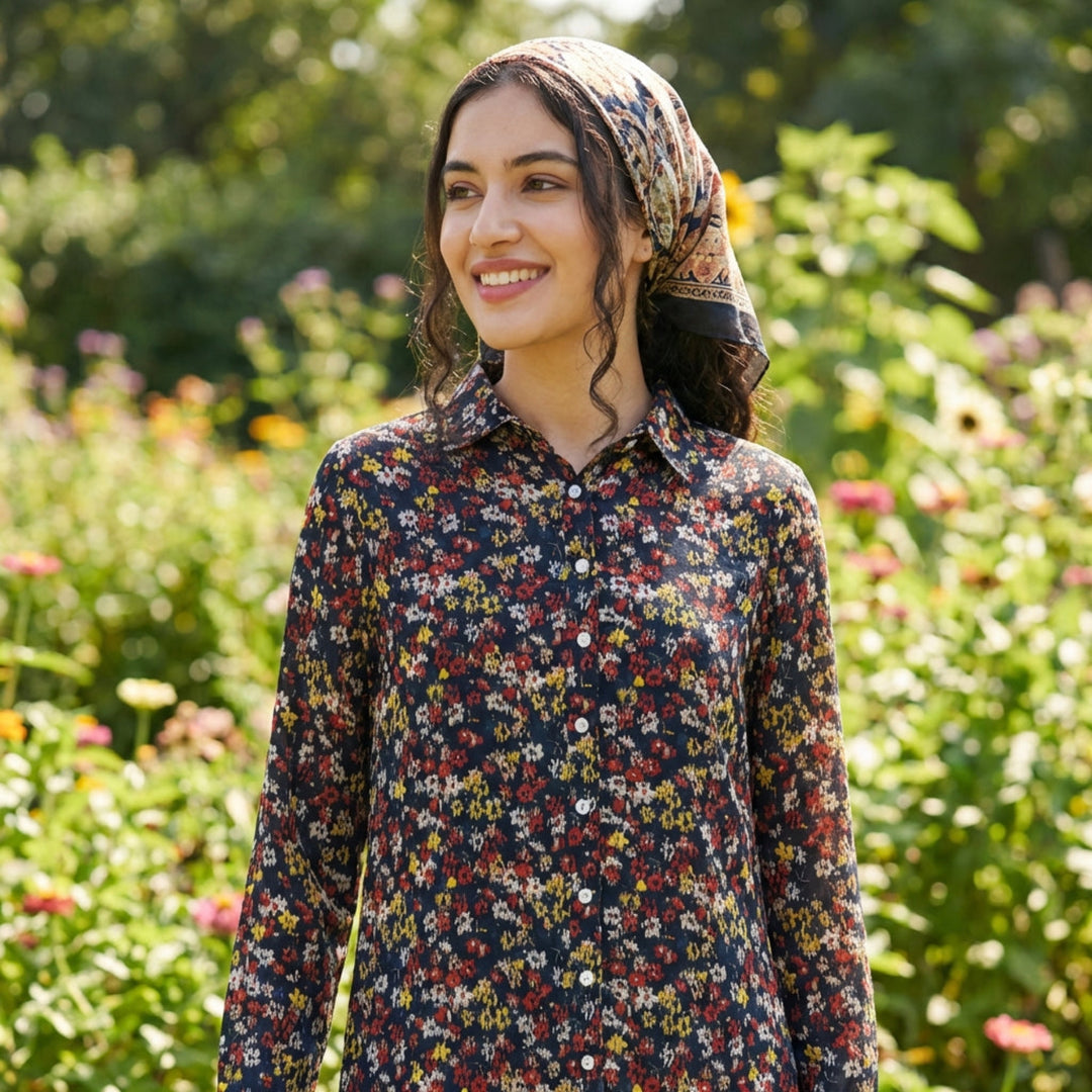 Woman wearing a floral dress and headscarf standing in a garden