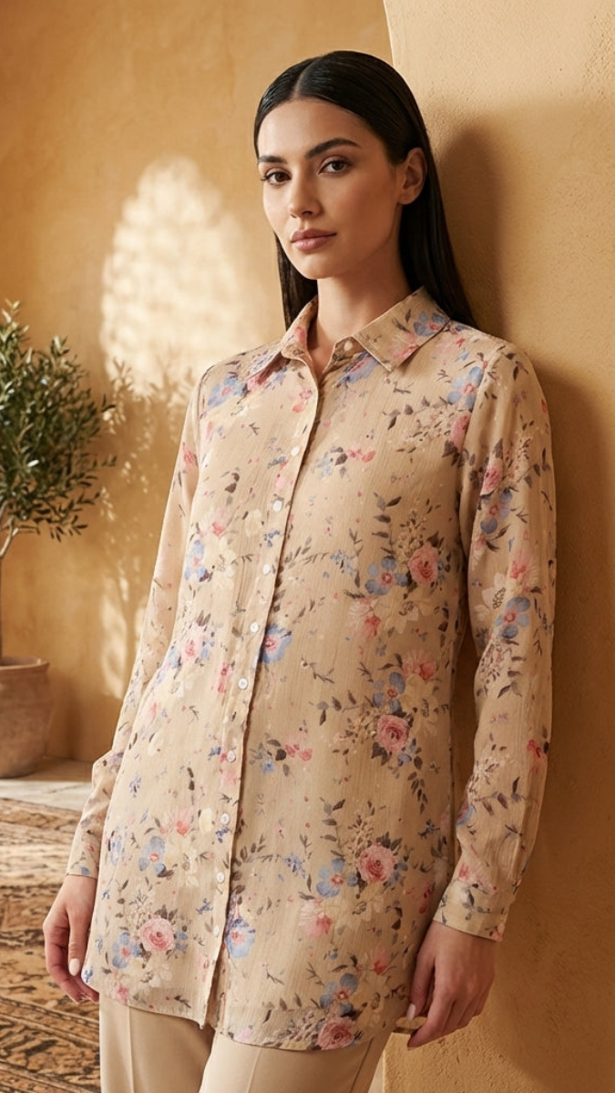 Woman wearing a floral shirt in a sunlit room with a plant and rug.