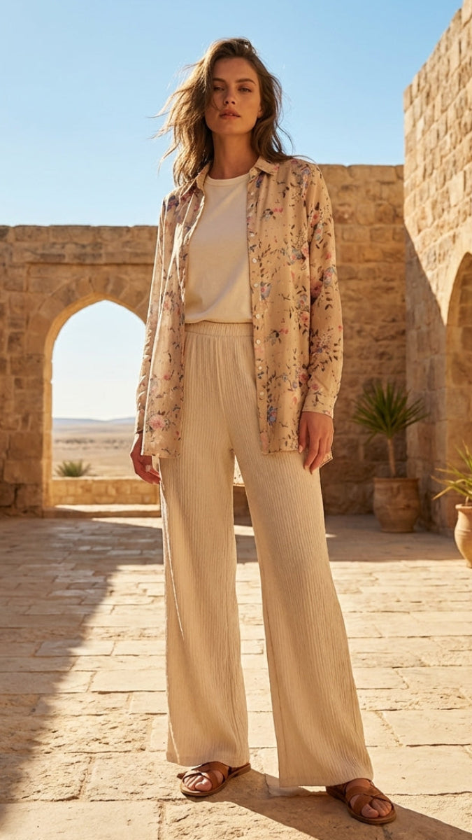 Woman in beige outfit standing in a sunlit stone architectural setting