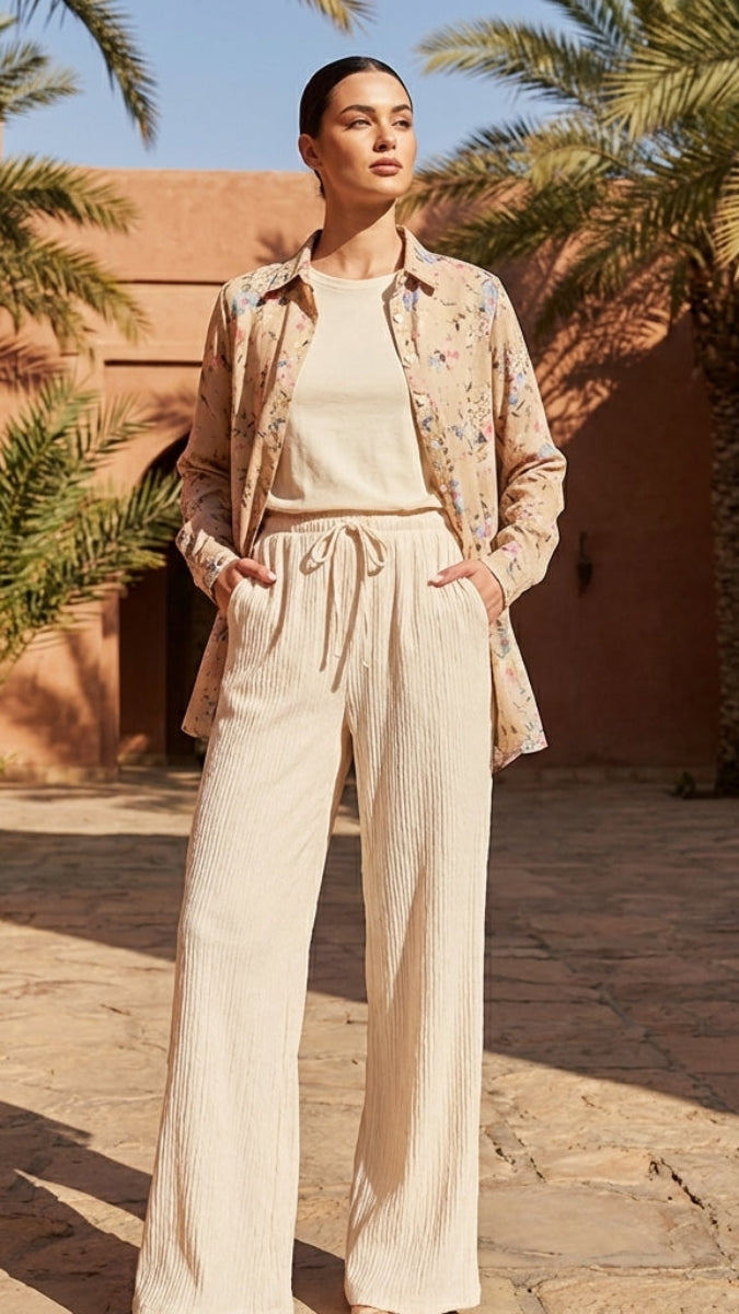 Marwa Chiffon Print Long Button down Shirt - Latte Rose - PREORDER (ships in 2 weeks)
